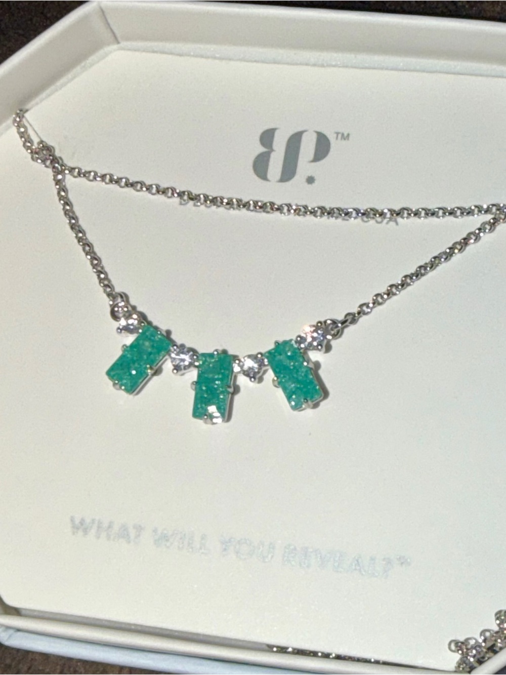 bp Silver Necklace with Teal Druzy Rectangle Accents